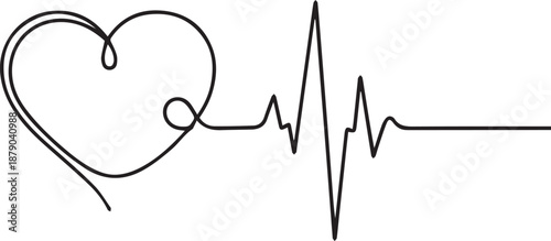 A continuous line drawing combining a heart shape and an electrocardiogram heartbeat