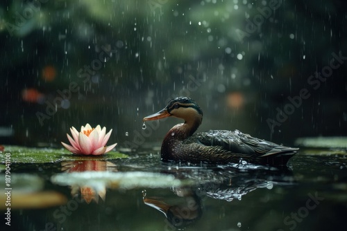 Duck swimming amidst lotus flowers in the rain at a tranquil pond