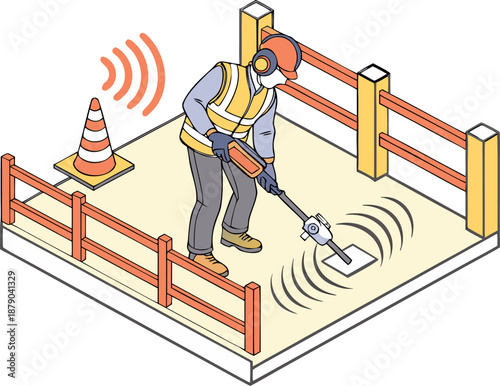 Construction worker using a jackhammer with a portable noise barrier, reducing noise pollution at a demolition site.