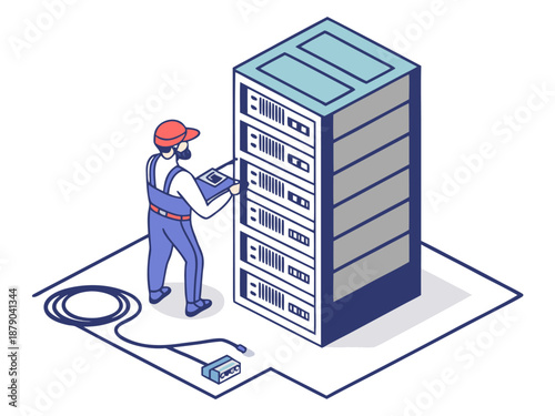 Technician engineer performing maintenance on AI server rack in a modern data center, ensuring efficient and reliable artificial intelligence operations, isometric cartoon.
