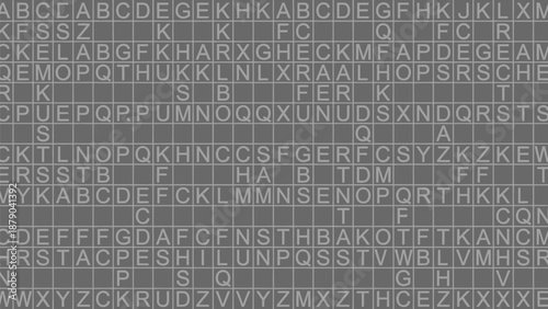 Intricate alphabet grid pattern with gray letters on dark background