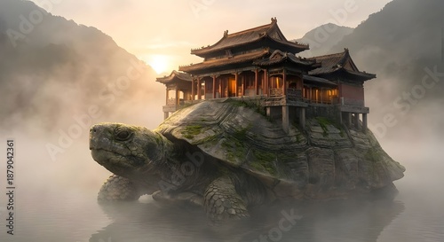 Mystical Turtle Temple: An ancient structure built upon a giant turtle, emerging from misty waters at dawn