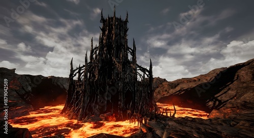 Dark Fantasy Castle Amidst a Sea of Lava Under a Moody Sky