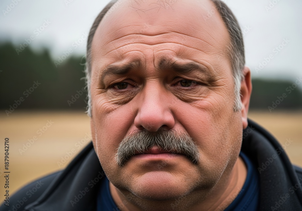 Fototapeta premium Middle Aged Man With Mustache Looking Thoughtful And Concerned Against Soft Outdoor Background