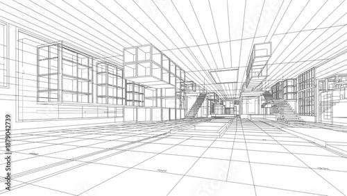 Abstract Modern Architectural Wireframe Building Exterior Interior on Isolated White Background