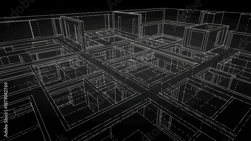 Abstract Geometric City Grid Wireframe Structure on Dark Background