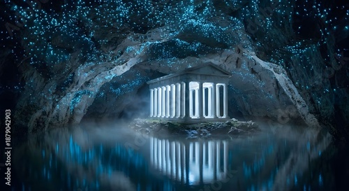 Ancient Temple in a Bioluminescent Cave