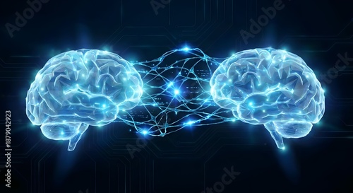 Two glowing blue brains connected by a complex network of light, symbolizing communication, intelligence, and neurological processes.
