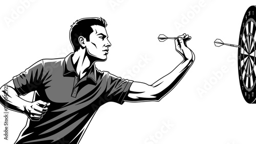 Determined man throwing a dart, hitting the dartboard with focus, engaging in a competitive game, isolated white background.