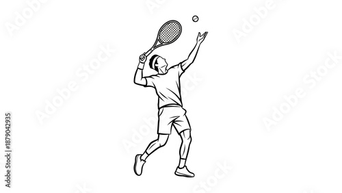 Dynamic male tennis player serving a ball mid-air with a racket, demonstrating athletic skill, isolated white background.
