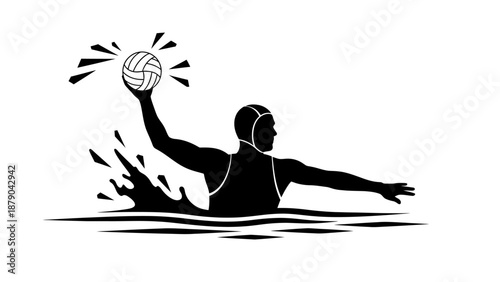 Strong water polo player throwing the ball in water, creating splashes, isolated white background.