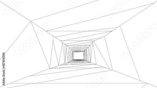 Abstract Geometric Wireframe Tunnel, Futuristic Digital Art Background, Isolated White Background.