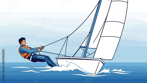 Man Sailing a Sailboat on Open Water, Enjoying Watersports Activity with Focus and Adventure.