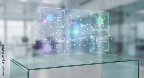 Holographic Display with Abstract Data Visualizations on a Glass Table in a Modern Office Environment