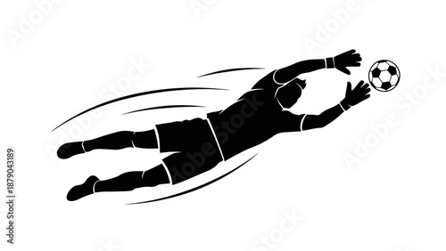 Goalkeeper Diving to Save Soccer Ball, Dynamic Action Silhouette, isolated white background