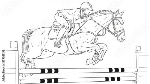 Female Equestrian Rider and Horse Show Jumping Over Obstacle, isolated white background