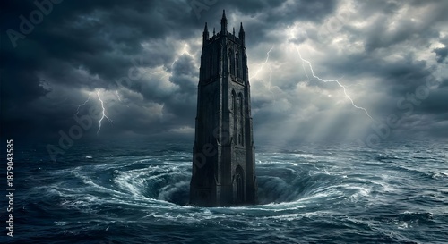 Gothic Tower in a Stormy Ocean Vortex with Lightning