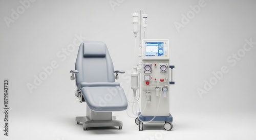 Modern Dialysis Machine and Treatment Chair ready for Hemodialysis in a Clinical Setting. Advanced Kidney Care Technology.