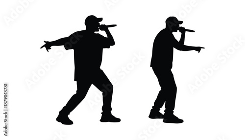 Two silhouetted men performing with microphones in hand dynamically