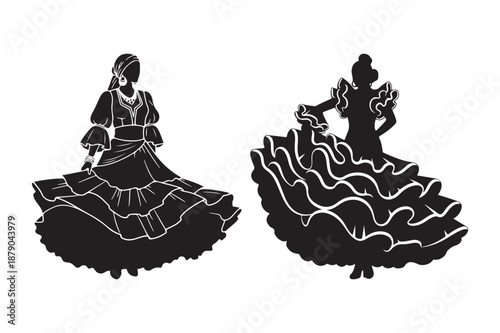 Traditional Spanish flamenco dancers silhouette set