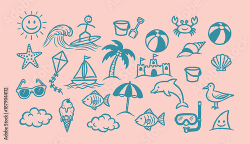 Hand drawn summer beach doodle icon set with sun, sea, surfer, palm, sandcastle and cute holiday elements