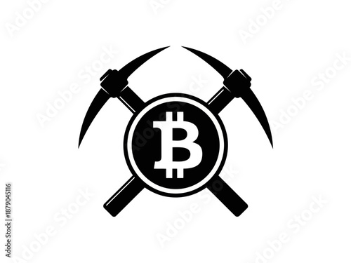 A bitcoin logo with pickaxes on for cryptocurrency concepts