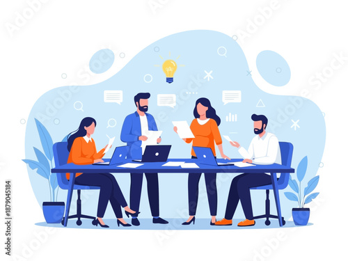 A group of people working together at a desk with a laptop and papers in a modern office setting with a light blue background