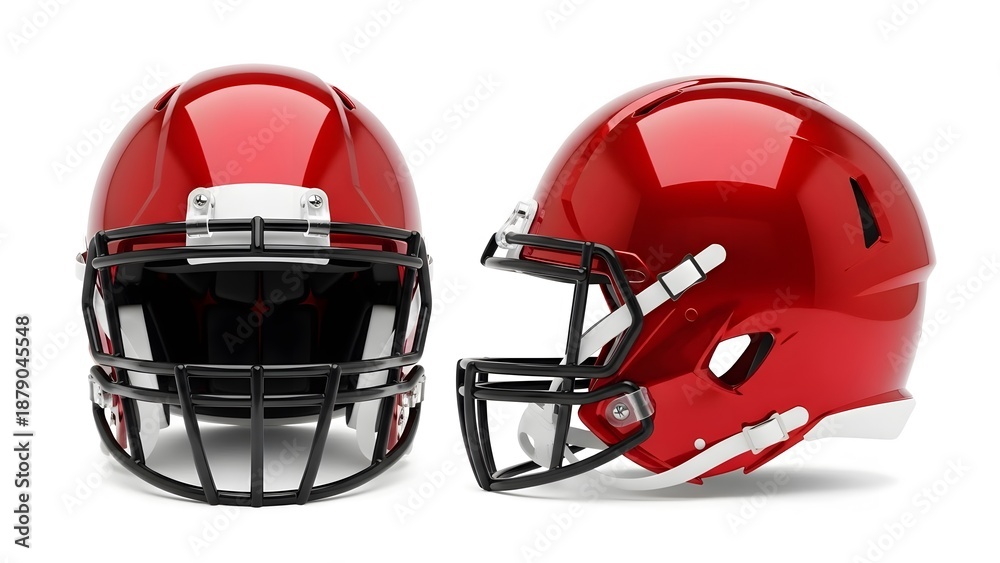Fototapeta premium Pair of glossy red american football helmets facing front and side view