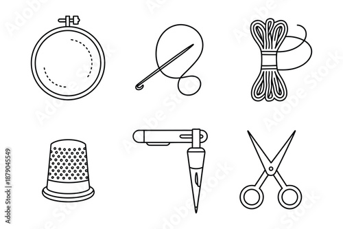 Embroidery and sewing tools black line art icon set