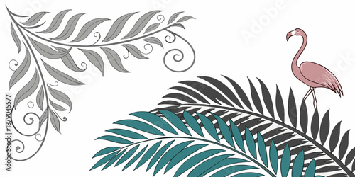 A pink flamingo stands among tropical leaves and decorative vines, vector