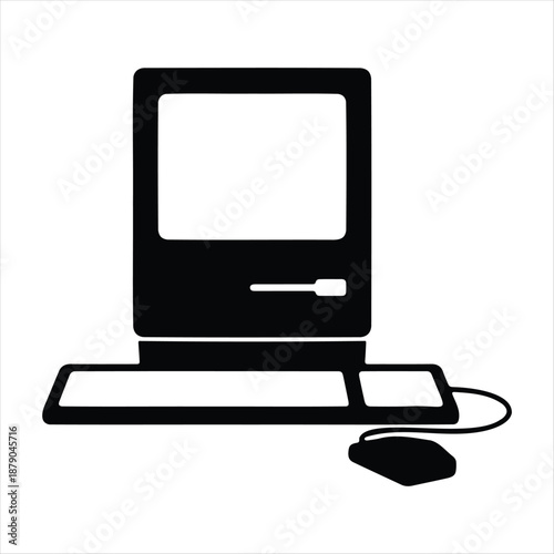 Black and white icon of a vintage desktop computer setup