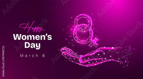 Happy women's day female symbol holding on hand low poly digital illustration on pink purple background.