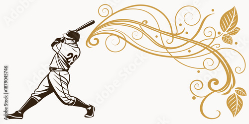 Baseball player swinging bat with decorative swirls, vector