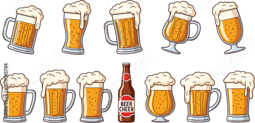 Beer Mug and Glass Collection Set with Foamy Draft Drinks Celebration Vector