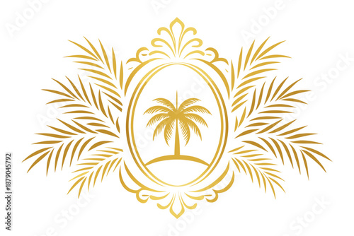 Golden Palm Tree Emblem with Ornate Frame and Leaves, vector