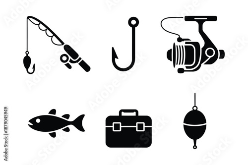 Fishing equipment and tackle silhouette icons set