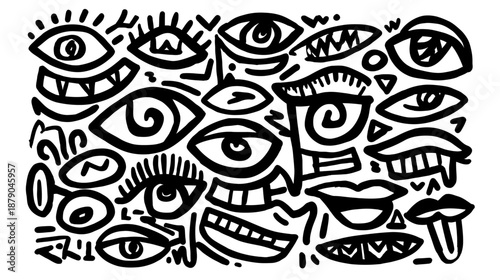 Abstract doodle pattern with cartoon eyes and mouths in graffiti style. Hand drawn black and white vector illustration.