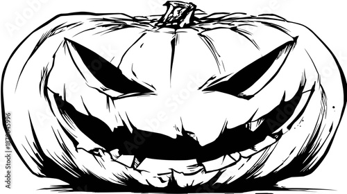 Spooky carved Halloween pumpkin jack-o'-lantern illustration with a scary grin, black and white vector art for seasonal designs