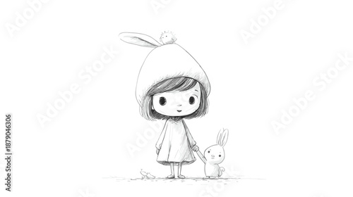 Charming black and white sketch of an innocent young girl wearing a bunny ear hat, standing beside her small rabbit friend.