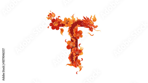 Fiery oriental dragon and vibrant floral elements form the decorative capital letter T, fantasy typography initial.