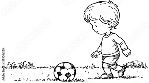 Young boy playing soccer on grass, black and white line art illustration of a child enjoying outdoor sports and recreation