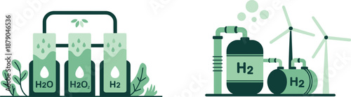 Stylized illustration of hydrogen production and storage using renewable energy with labeled containers, industrial tanks, and wind turbines for clean energy concepts.