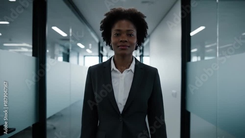 Confident businesswoman walking down modern office hallway smiling