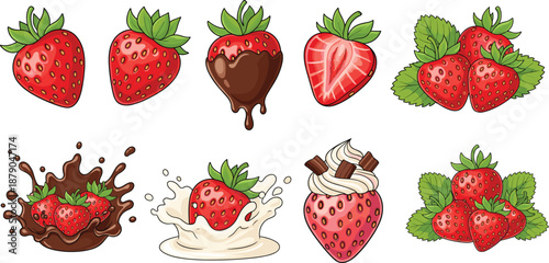 Strawberry Fruit Illustration Set with Chocolate Dip Milk Splash and Cream Toppings Vector