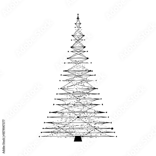A stylized christmas tree made of lines and triangles in black and white on a plain white background