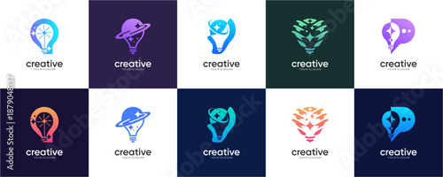 Set of Modern Futuristic Bulb logo design inspirations. Creative vector of Innovation tech, science and education, abstract colourful icon template.