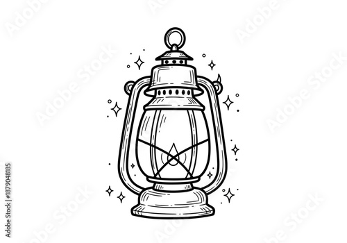 Detailed Line Art Illustration of a Vintage Kerosene Lantern