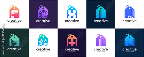 Set of Letter F to J Shopping Tag logo design inspirations. Vector of Sale Tags with Initial Letters for Brand Identity and Online Shop concept. Creative colourful icon template.