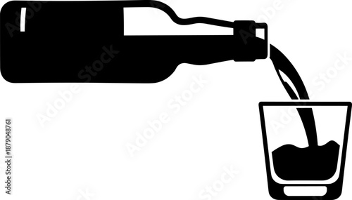 Bottle Pouring Drink into Glass Silhouette Icon, Whiskey or Ale Service Graphic