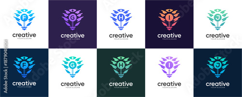 Set of Letter F to J Lightbulb Monogram logo design inspirations. Abstract vector of Featuring Lettermarks and Glowing Bulb Wings. Creative colourful icon template.
